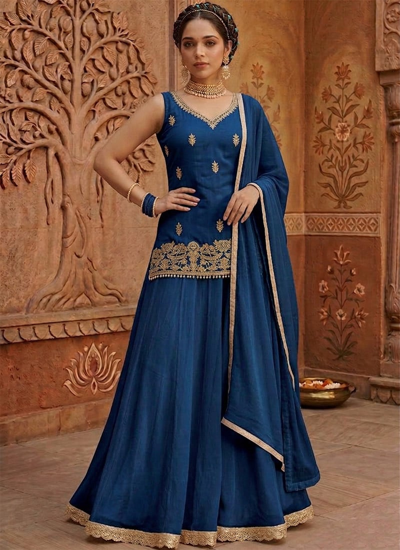 Blue Georgette Zari Sequins Palazzo Suit Festive Wear