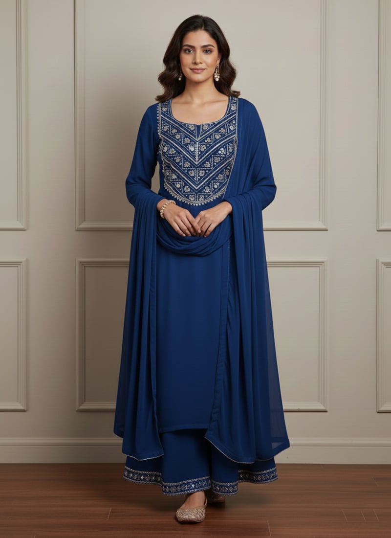 Blue Georgette Zari Sequins Palazzo Suit Festive Wear