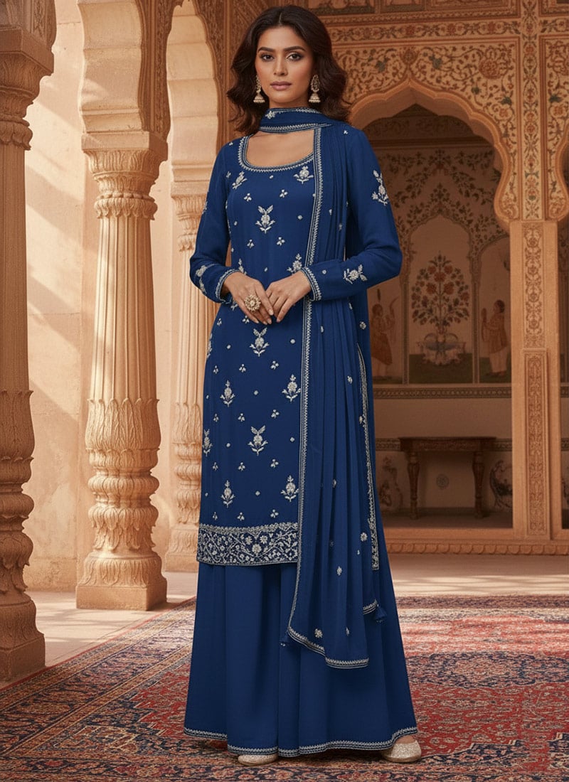 Blue Georgette Zari Sequins Palazzo Suit Festive Wear