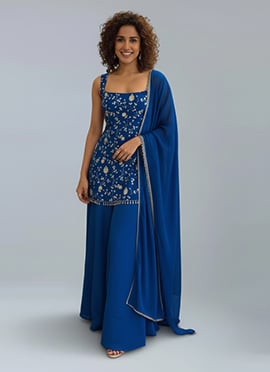 Blue Georgette Zari Sequins Palazzo Suit