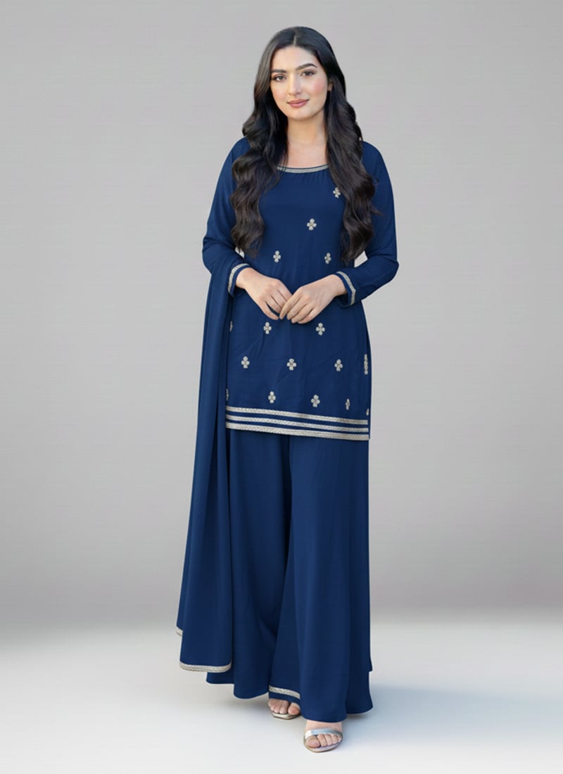 Blue Georgette Zari Sequins Palazzo Suit Festive Wear