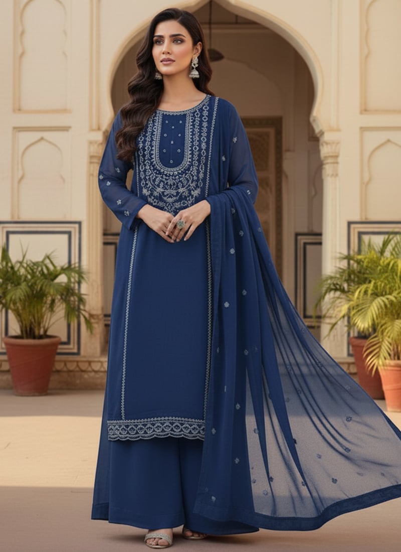 Blue Georgette Zari Sequins Palazzo Suit Festive Wear