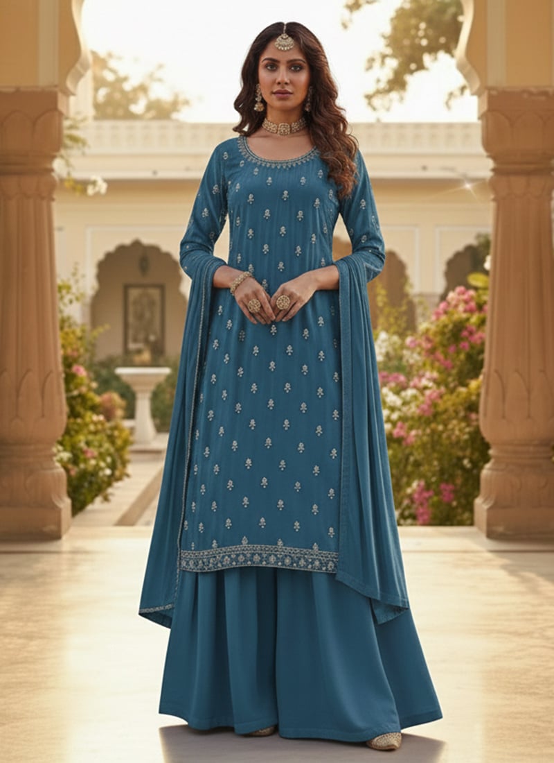 Blue Georgette Zari Sequins Palazzo Suit Festive Wear