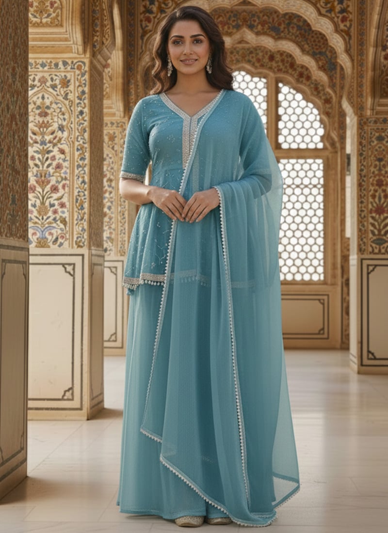 Blue Georgette Zari Sequins Peplum Style Kurti Palazzo Suit Festive Wear