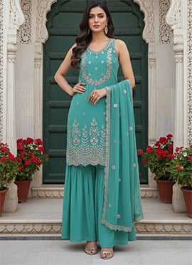 Blue Georgette Zari Sequins Sharara Suit