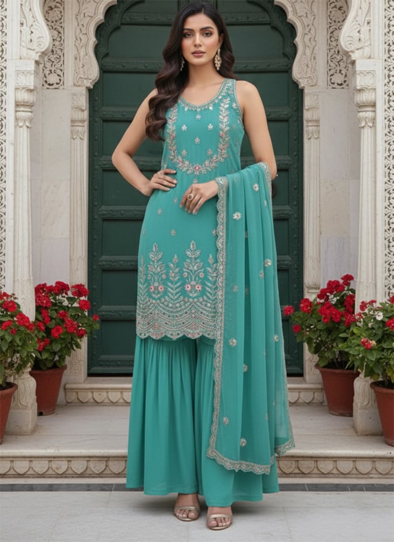 Blue Georgette Zari Sequins Sharara Suit Festive Wear