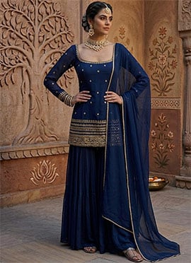 Blue Georgette Zari Sequins Sharara Suit