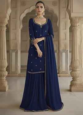 Blue Georgette Zari Sequins Sharara Suit