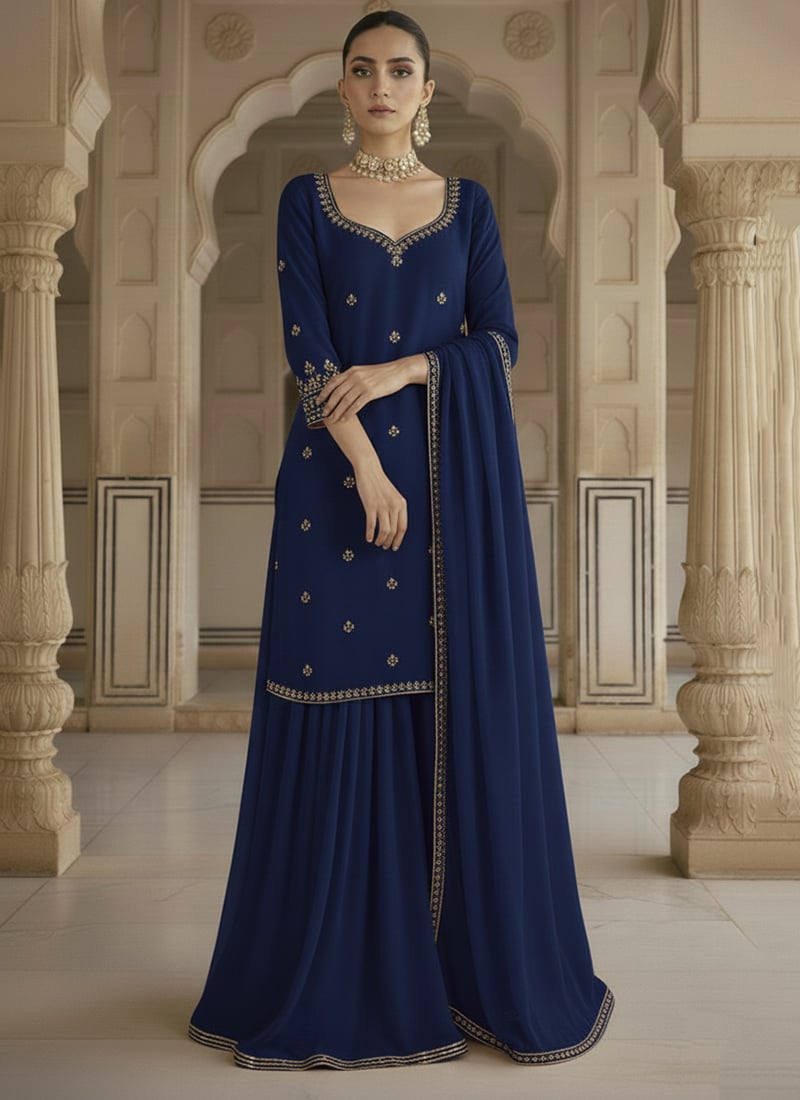 Blue Georgette Zari Sequins Sharara Suit Festive Wear