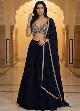 Blue Georgette Zari Sequins Stone Hand Embroidered Lehenga