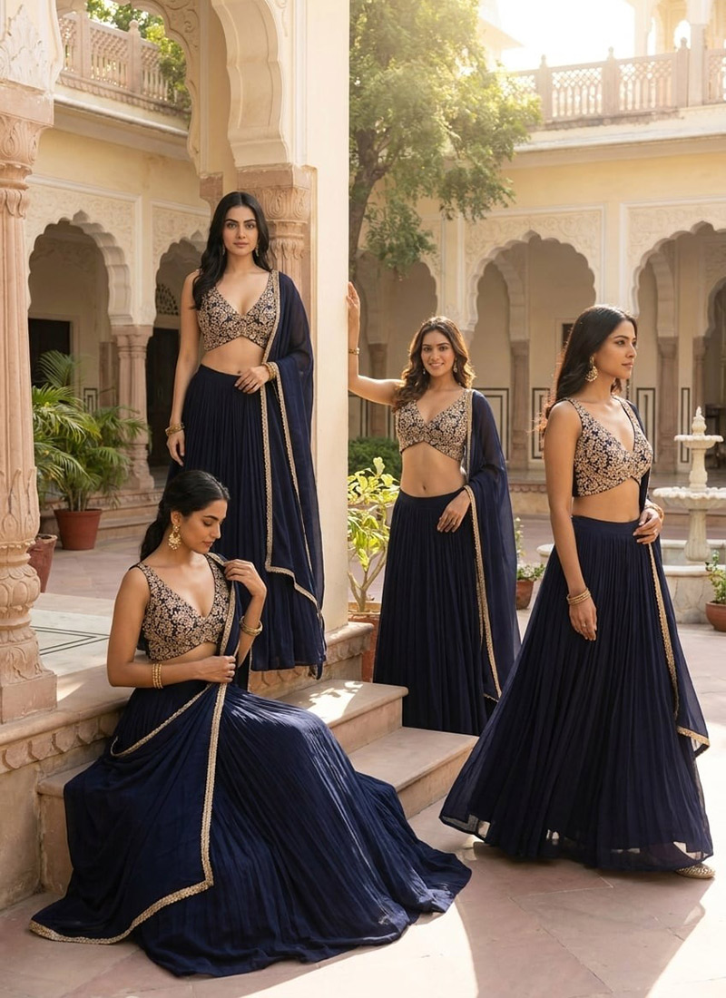 Blue Georgette Zari Sequins Stone Hand Embroidered Lehenga Wedding Wear