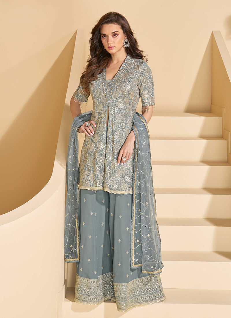 Blue Georgette Zari Sequins Stone Work High Slit Palazzo Suit Wedding Wear