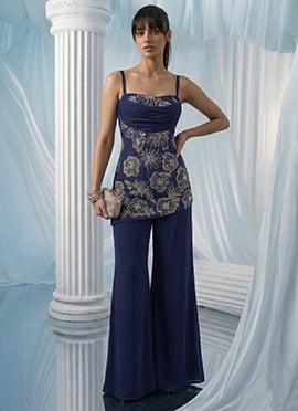Blue Georgette Zari Stones Hand Embroidered Cut Dana Palazzo Suit