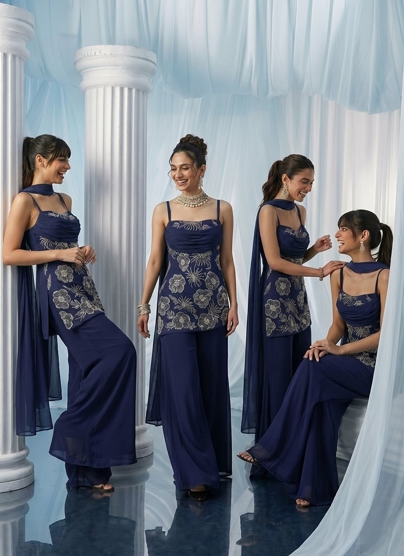 Blue Georgette Zari Stones Hand Embroidered Cut Dana Palazzo Suit Wedding Wear
