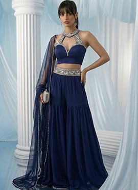 Blue Georgette Zari Stones Hand Embroidered Indowestern Palazzo Set