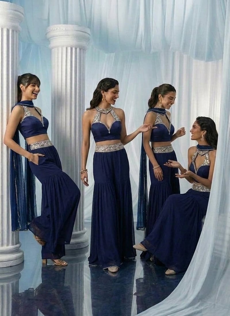 Blue Georgette Zari Stones Hand Embroidered Indowestern Palazzo Set Wedding Wear