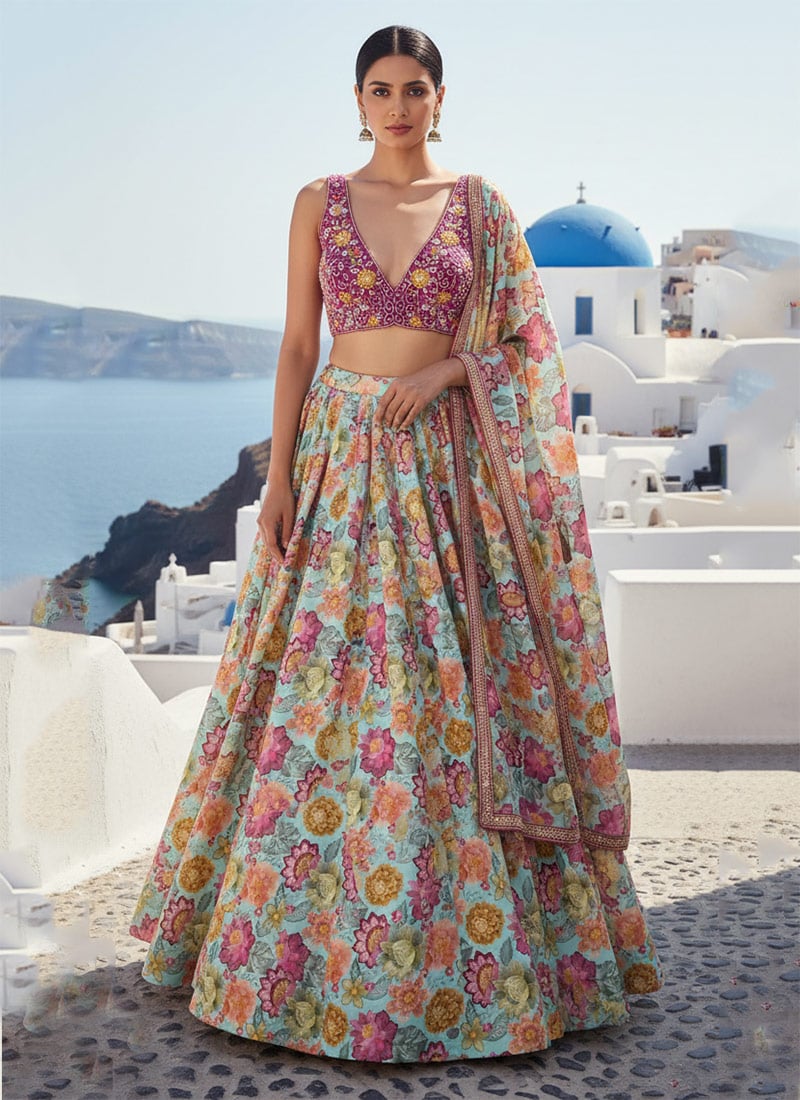 Blue GeorgetteDigital Print Hand Embroidered Sequins With Stone Work Lehenga Wedding Wear