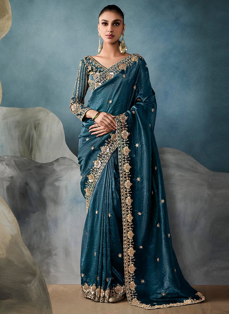 Blue Glass Tissue Zari Embroidered Sequins Saree Wedding Wear