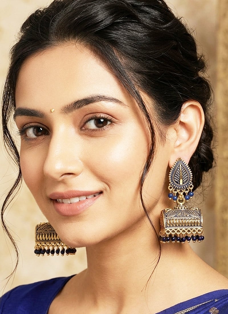 Blue Gold Plated Enamelled LeafShaped Jhumka Earrings After Six Wear