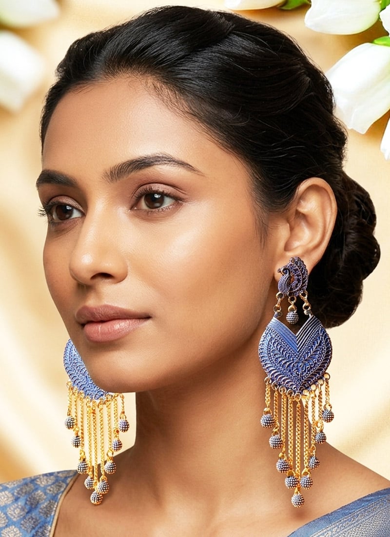 Blue Gold Plated Enamelled PeacockShaped Drop Earrings After Six Wear
