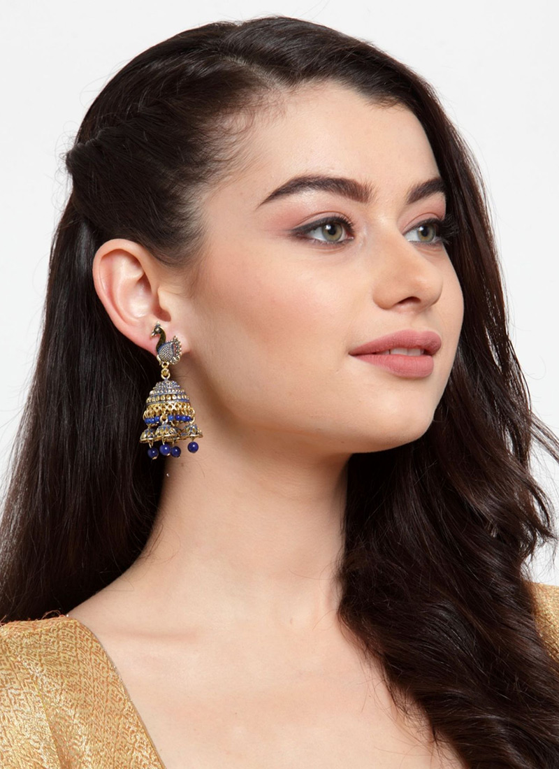 Blue Gold Plated Enamelled PeacockShaped Jhumka Earrings After Six Wear