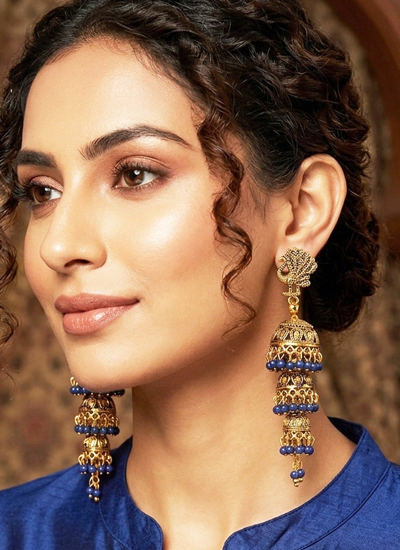 Blue Gold Plated Enamelled PeacockShaped Jhumka Earrings After Six Wear