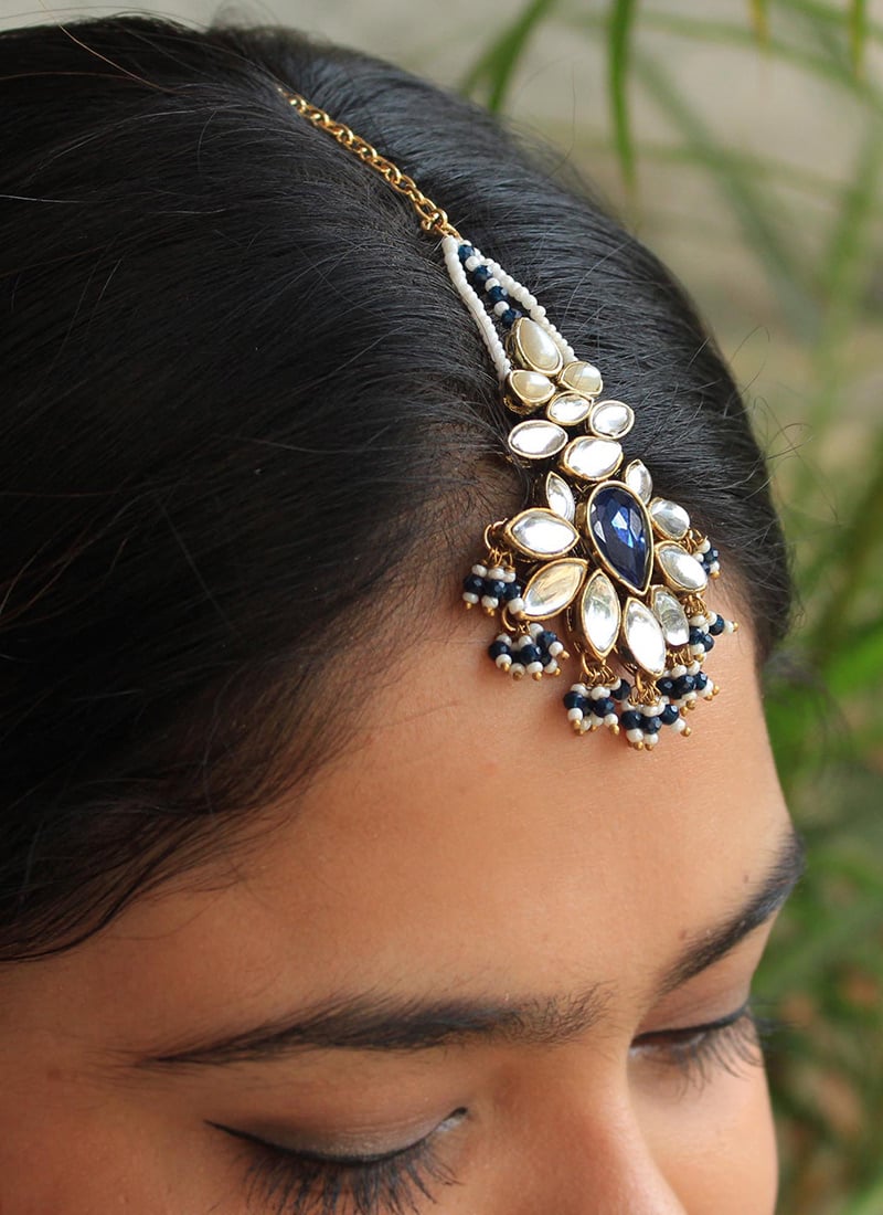 Blue Gold Plated Kundan And Beads Mangtikka Festive Wear
