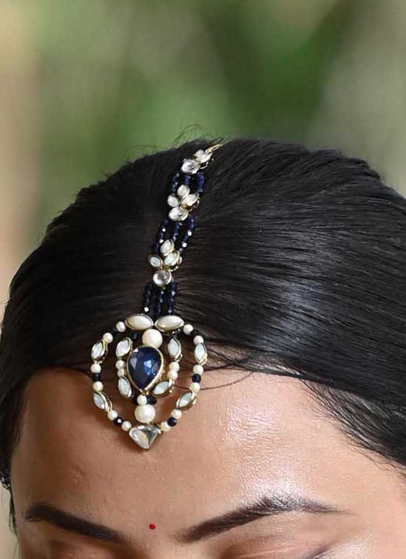 Blue Gold Plated Kundan And Beads Mangtikka Festive Wear