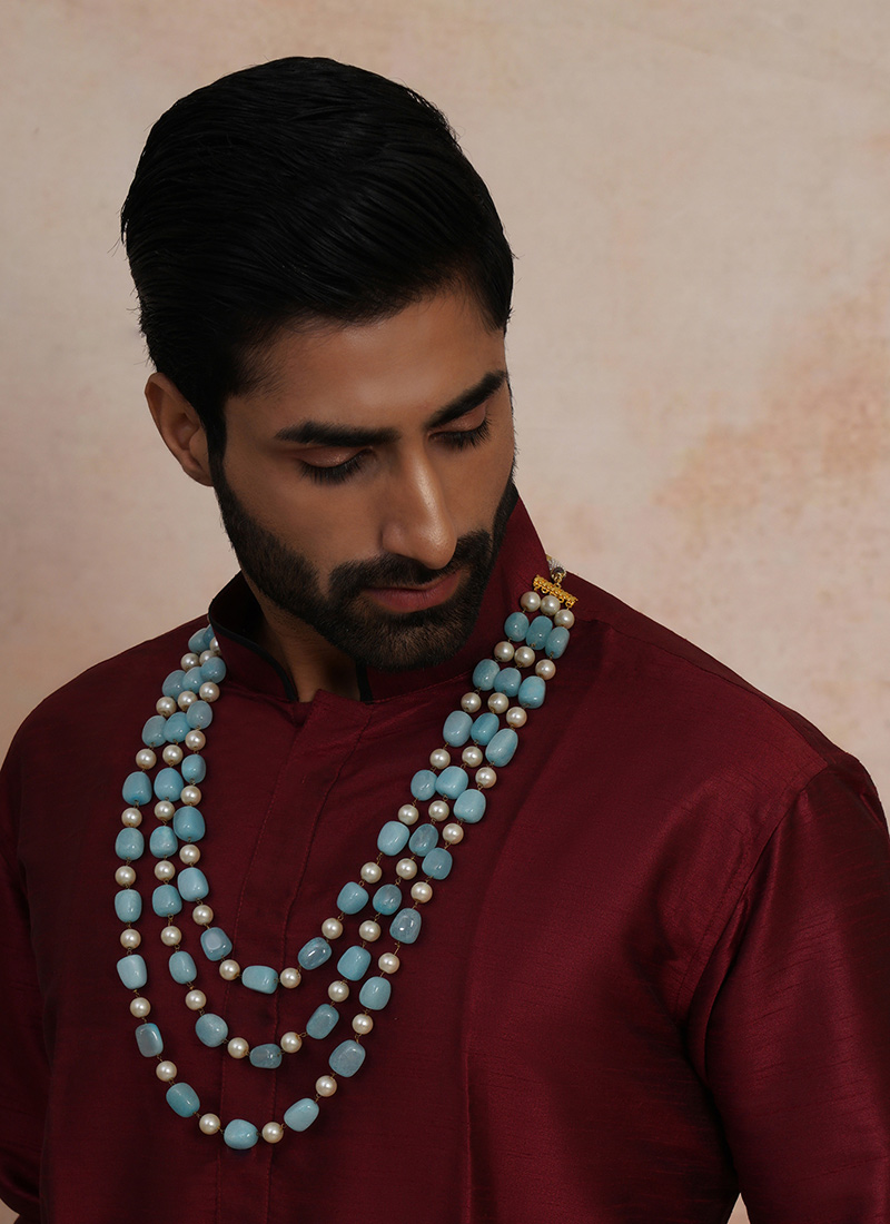 Blue Gold Plated Pearl Necklace For Men Wedding Wear