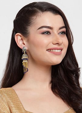 Blue Gold Plated Tasselled Chain Jhumka Earrings