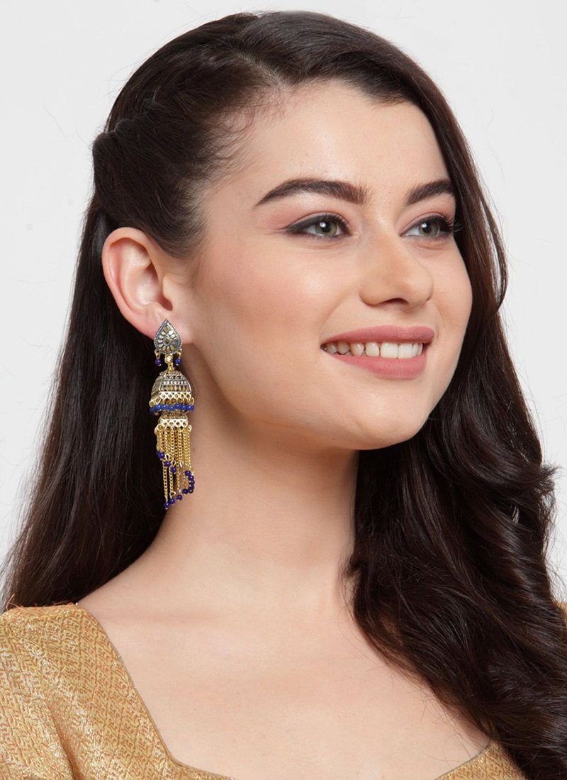 Blue Gold Plated Tasselled Chain Jhumka Earrings After Six Wear