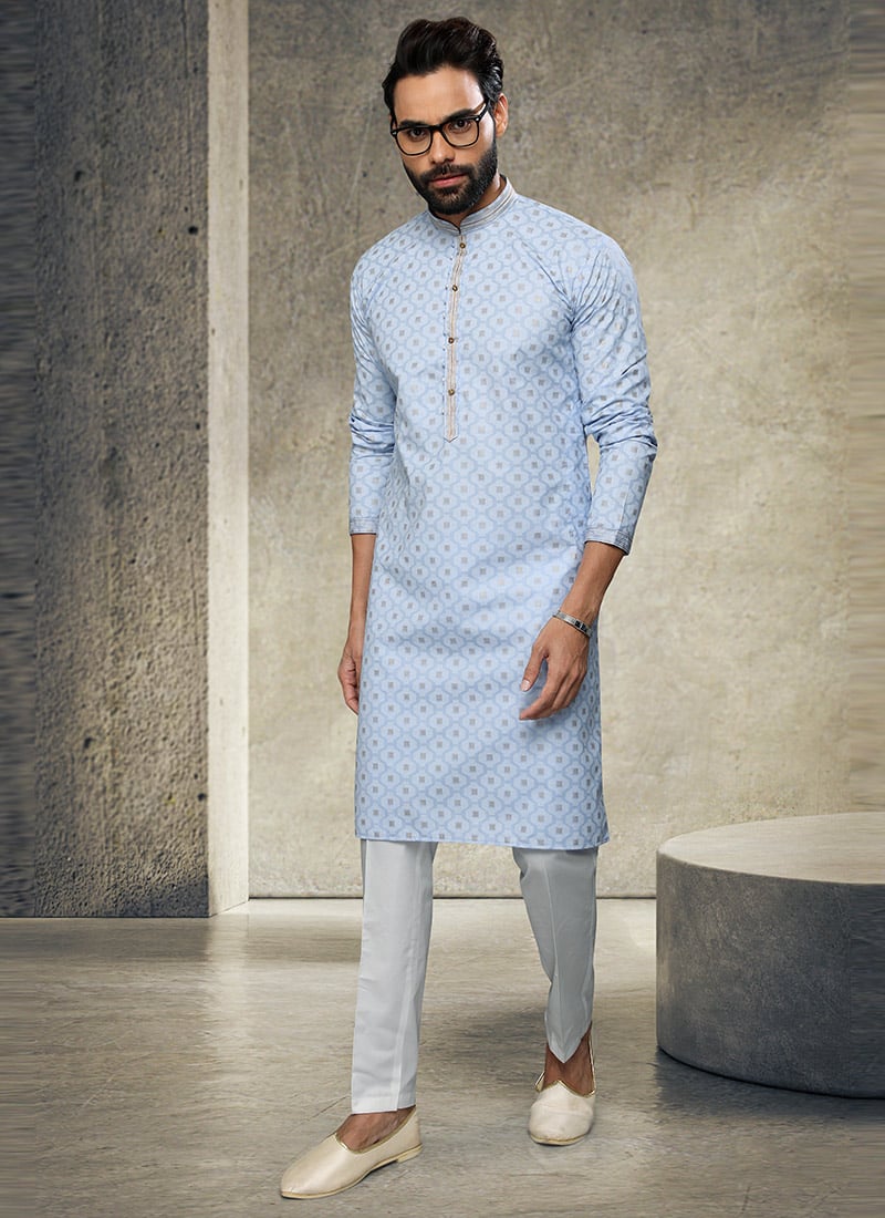 Blue Handloom Cotton Kurta Pyjama Party Wear