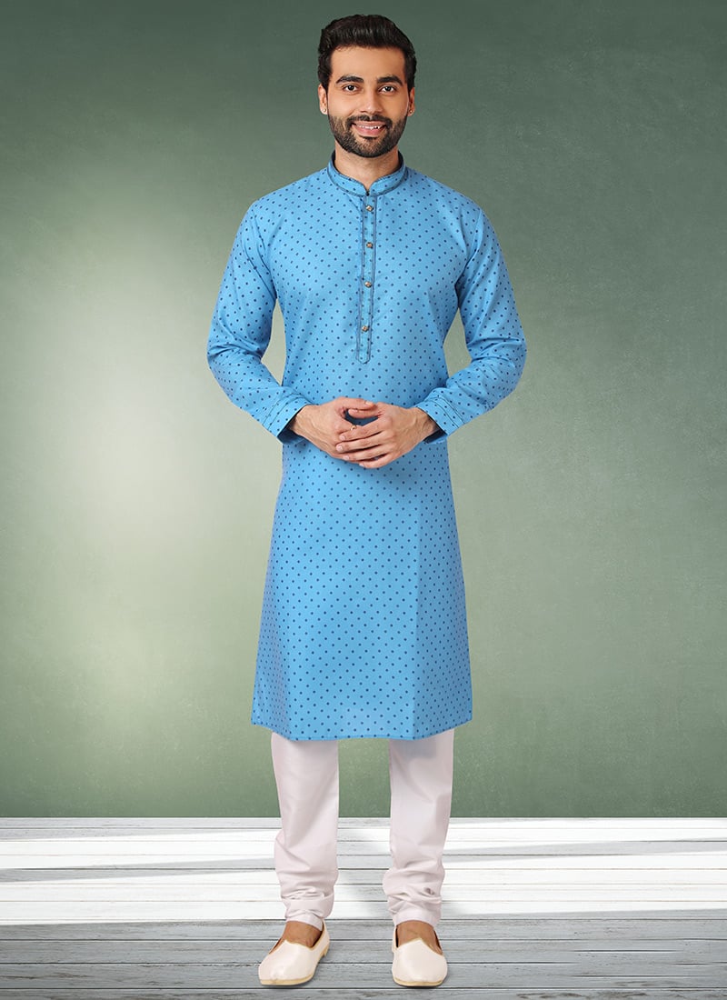 Blue Handloom Cotton Printed Kurta Pyjama Party Wear