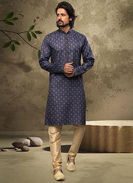 Blue Handloom Cotton Printed Kurta Pyjama