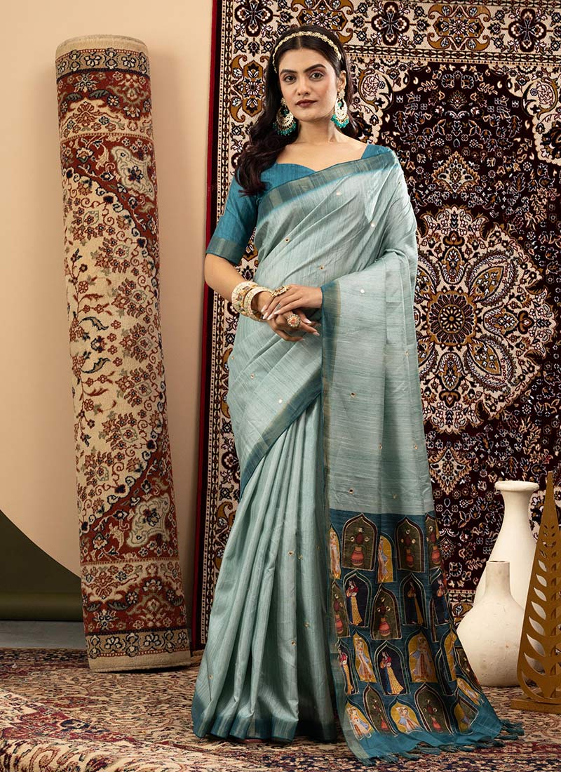 Blue Handloom Silk Thread And Digital Print Saree Festive Wear