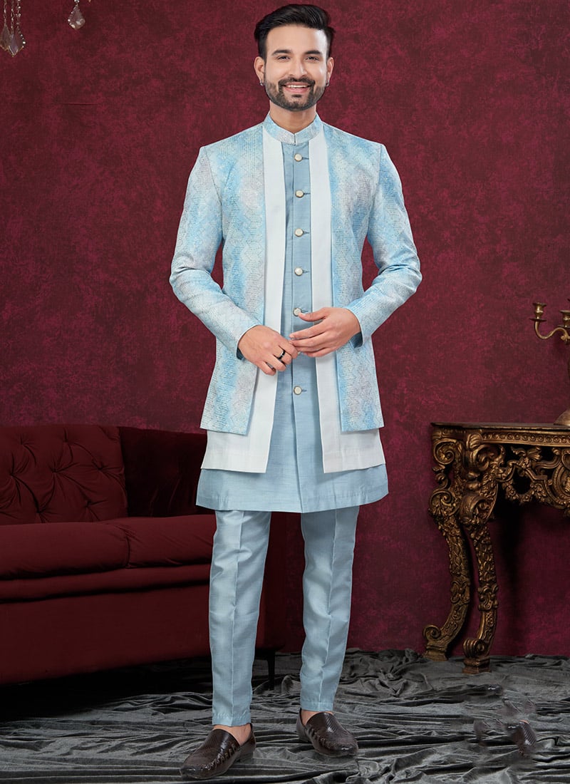 Blue Imported Banarasi Silk Embroidered Sequins Indowestern Sherwani Wedding Wear