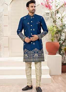 Blue Imported Silk Sequins Accented Thread Indowestern Sherwani