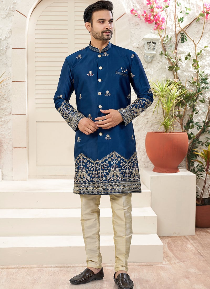 Blue Imported Silk Sequins Accented Thread Indowestern Sherwani Wedding Wear