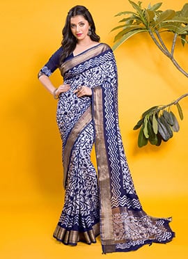 Blue Indigo Printed Chanderi Saree