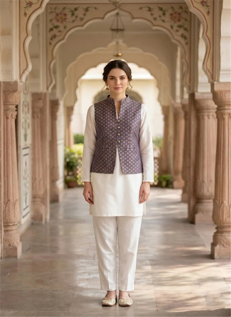 Blue Jacquard Art Silk Printed Sleeveless Jacket Festive Wear