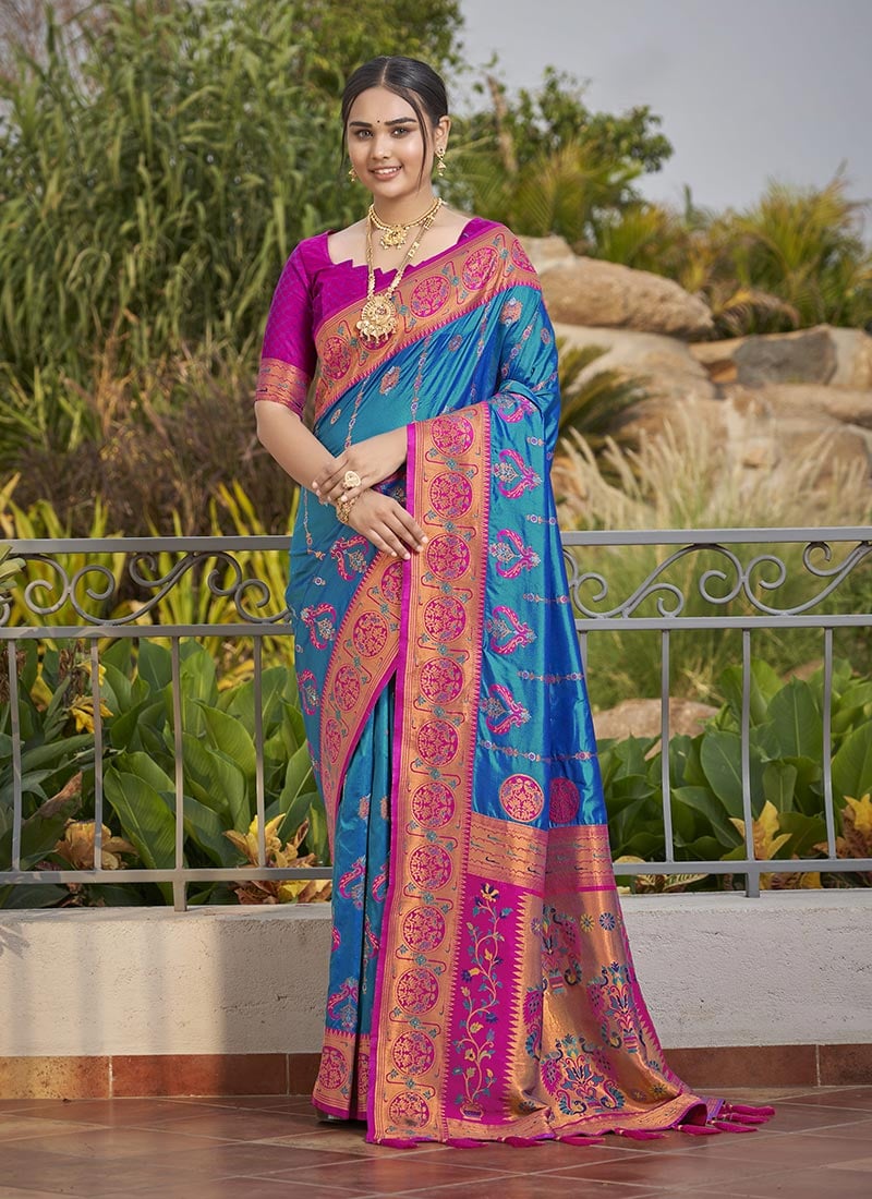 Blue Jacquard Banarasi Silk Saree Festive Wear
