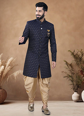 Blue Jacquard Indowestern Sherwani