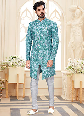 Blue Jacquard Indowestern Sherwani