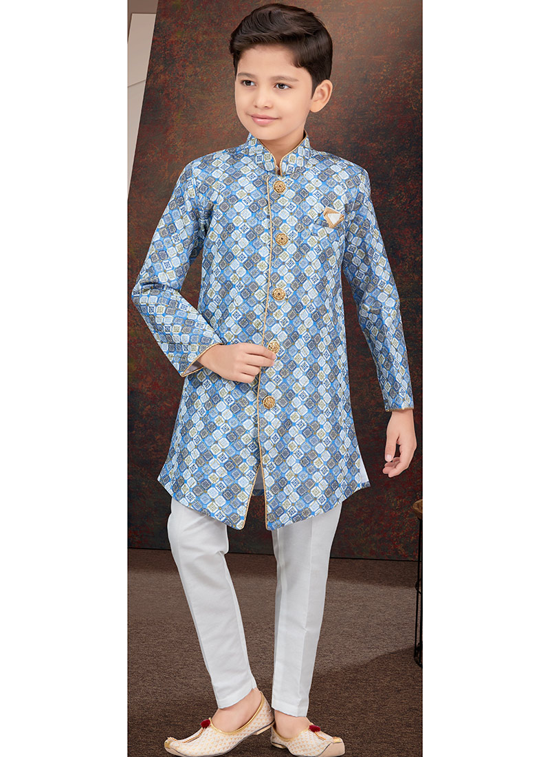 Blue Jacquard Printed Kids Boys Indowestern Sherwani  Wedding Wear