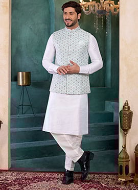 Blue Jacquard Silk Bandhgala Jacket