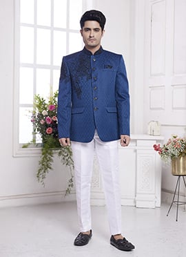 Blue Jacquard Silk Beads And Hand Work Jodhpuri Blazers