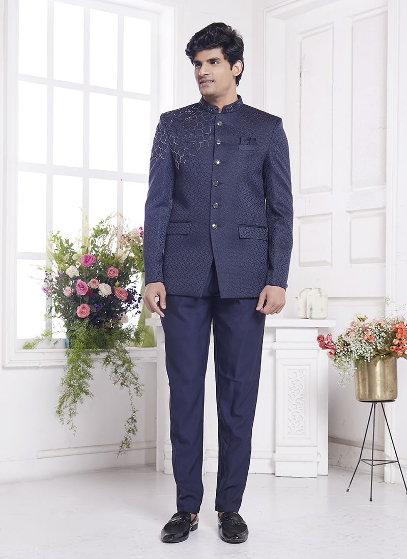 Blue Jacquard Silk Beads Hand Work Jodhpuri Blazers