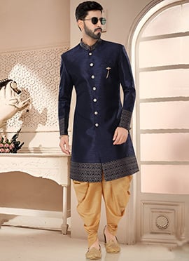 Blue Jacquard Silk Classic Sherwani With Dhoti Style Pants