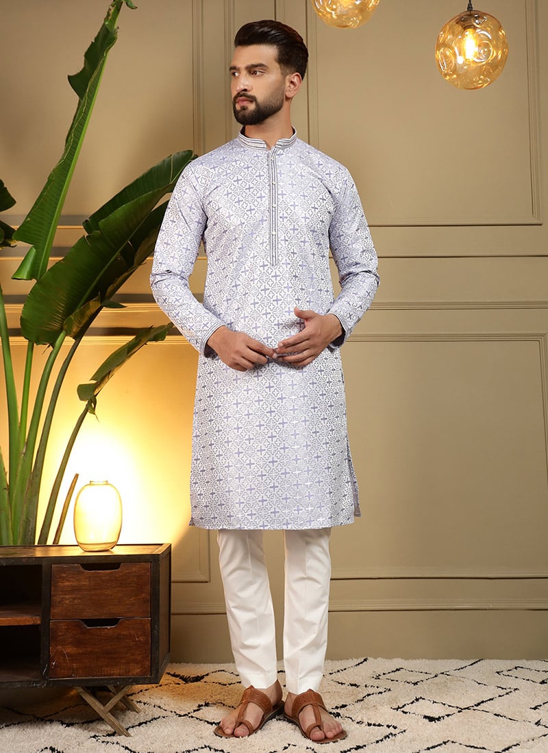 Blue Jacquard Silk Embroidered Sequins Kurta Pyjama Festive Wear