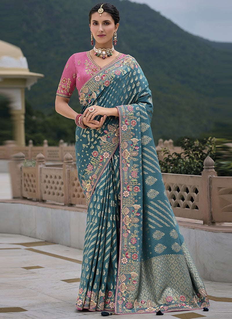 Blue Jacquard Silk Embroidered Sequins With Stone Work Saree Wedding Wear-SASLI26137307